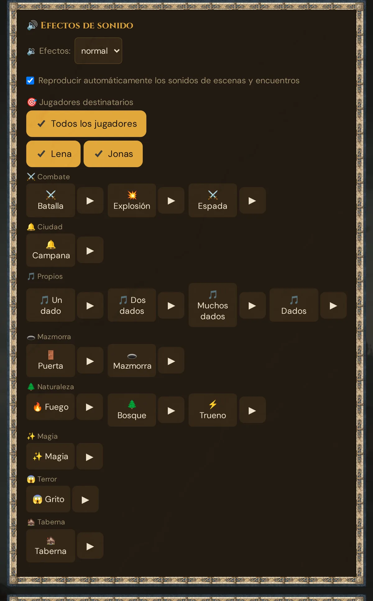 La tarjeta 🔊 Efectos de sonido: volumen de efectos, sonidos de escena automáticos, jugadores destinatarios y los sonidos por categoría, cada uno con ▶ para escucharlo
