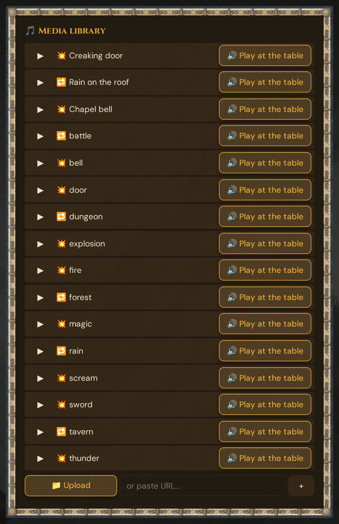 The ๐ต Media library card in Live: the campaign's sounds and the included sounds, each with โถ and ๐ Play at the table, below them ๐ Upload, the field or paste URL... and +