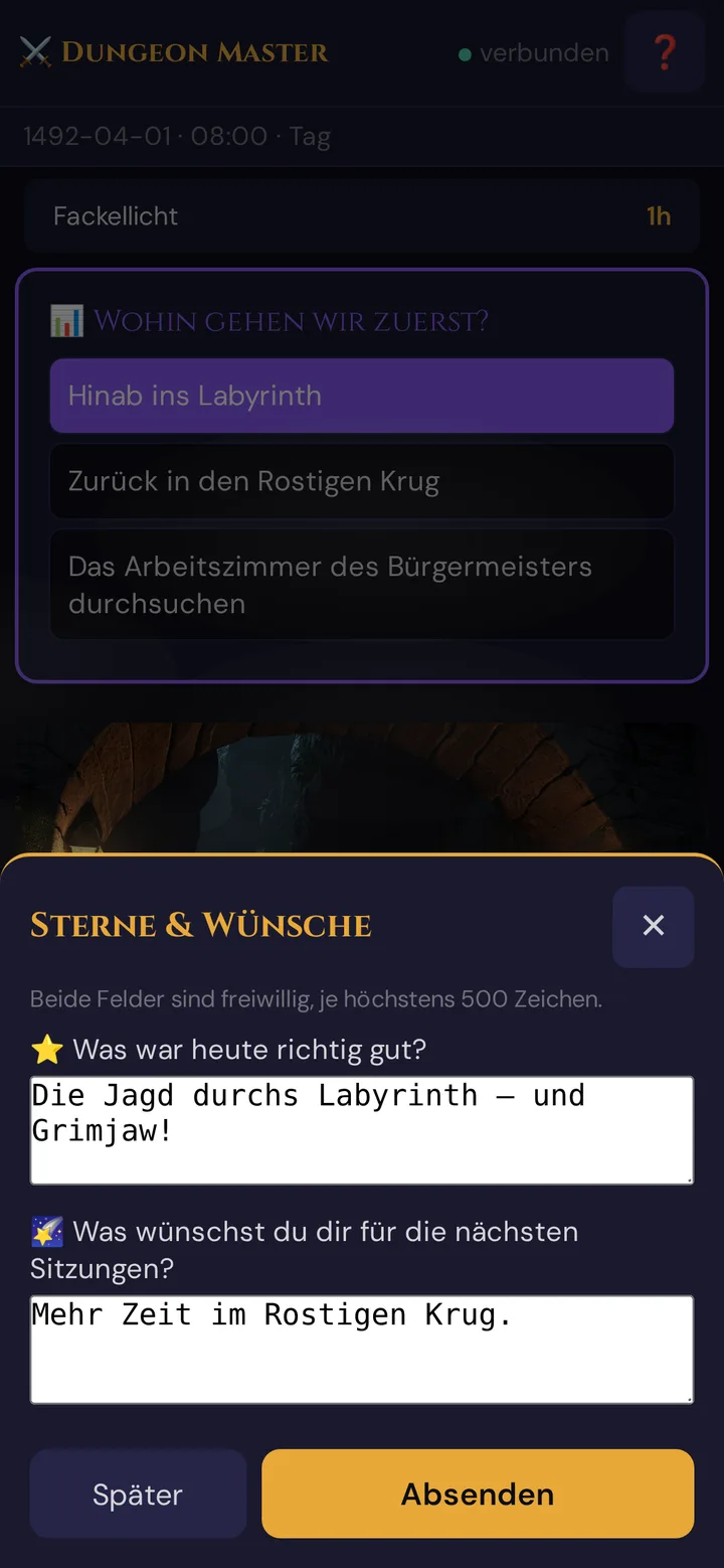 Sterne & Wünsche-Formular auf einem Spielerhandy