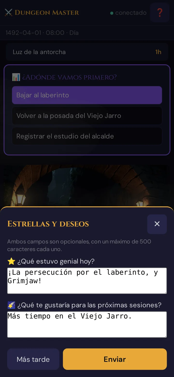 Formulario de Estrellas y deseos en el teléfono de un jugador