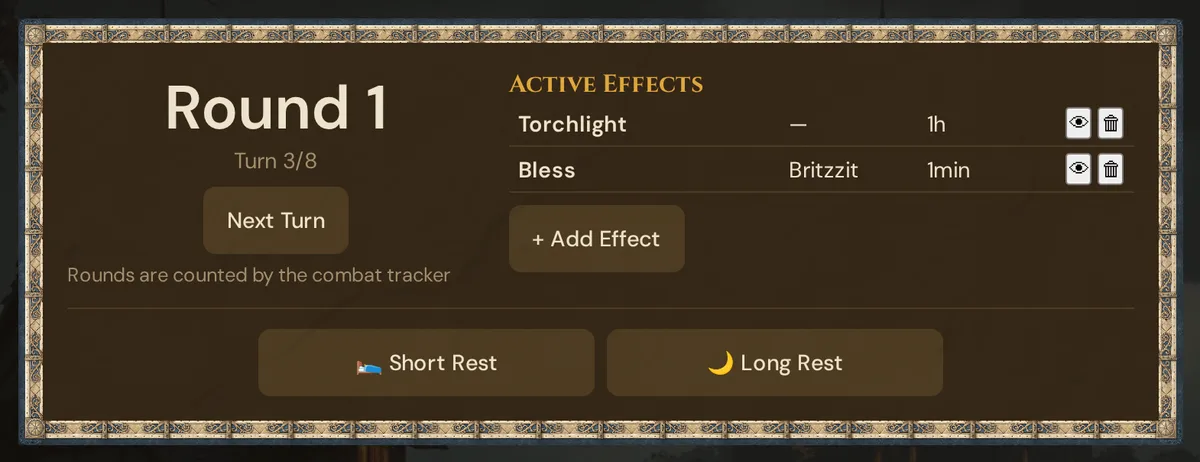 Combat time at the top of Scenes & Sound: round and turn, Next Turn, the active effects with their remaining time, Short Rest and Long Rest