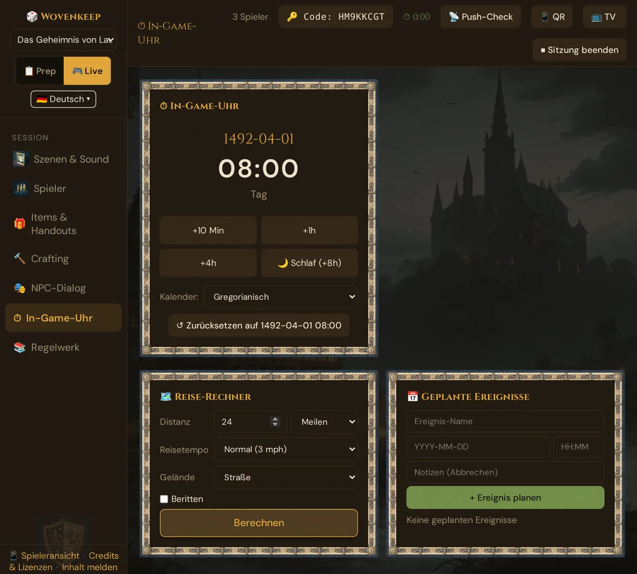 Der Bereich In-Game-Uhr: In-Game-Uhr, Reise-Rechner und Geplante Ereignisse