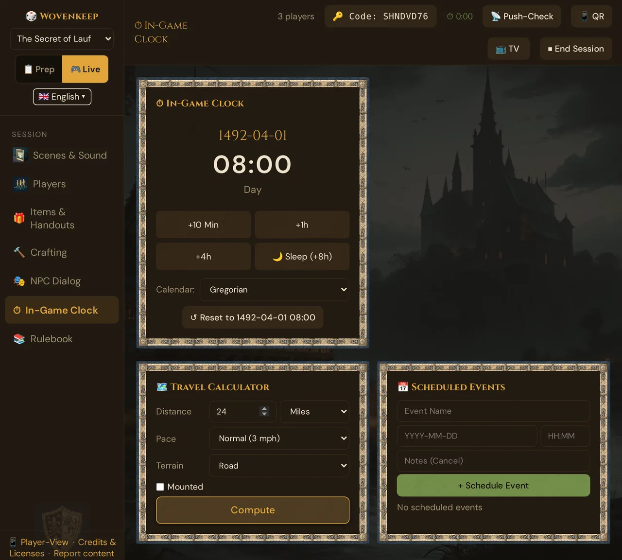 The In-Game Clock section: In-Game Clock, Travel Calculator and Scheduled Events