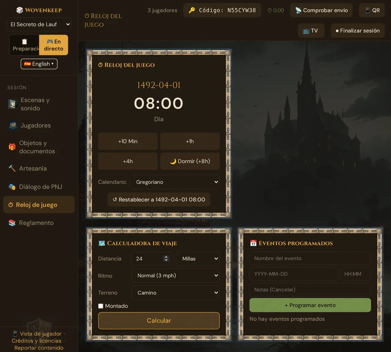 La sección Reloj de juego: Reloj del juego, Calculadora de viaje y Eventos programados