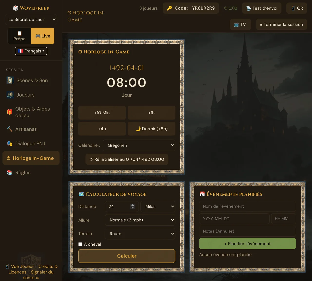La section Horloge In-Game : Horloge In-Game, Calculateur de voyage et Événements planifiés