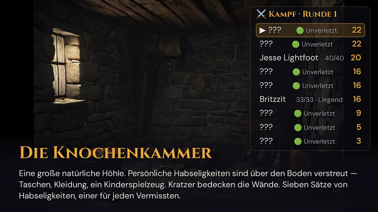 Der Fernseher während eines Kampfes: die Szene im Vollbild und oben rechts die Kampfreihenfolge mit Runde, Initiativwerten und Gesundheitsbändern — bei der Figur Britzzit der Zustand Liegend hinter den Trefferpunkten