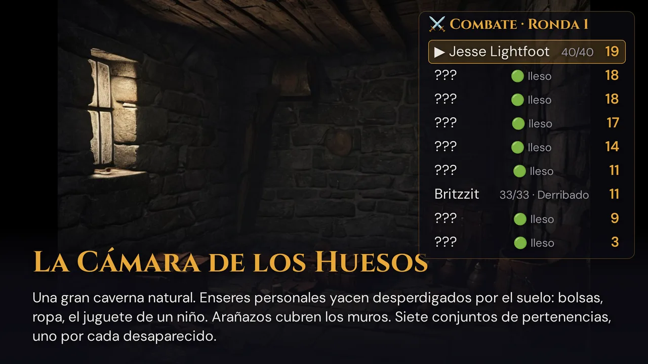 La TV durante un combate: la escena a pantalla completa y, arriba a la derecha, el orden de combate con la ronda, los valores de iniciativa y las franjas de salud — en el personaje Britzzit, el estado Derribado detrás de los puntos de golpe