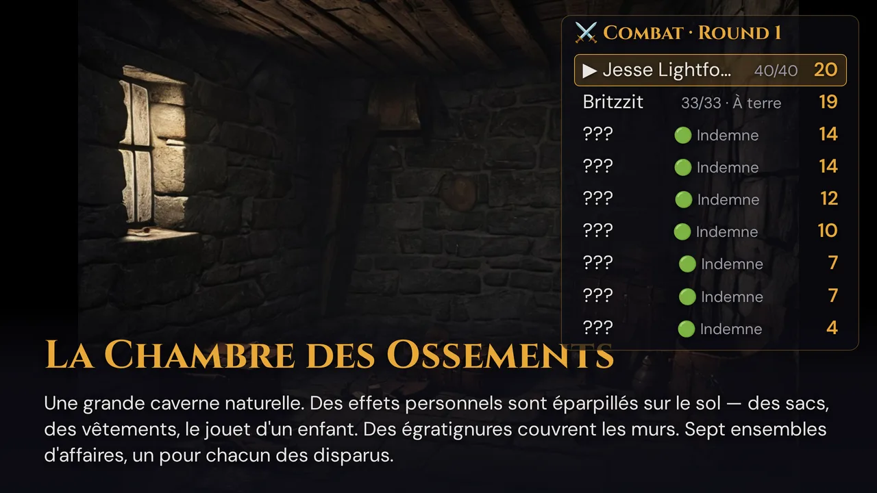 La TV pendant un combat : la scène en plein écran et, en haut à droite, l'ordre de combat avec le round, les valeurs d'initiative et les bandes de santé — pour le personnage Britzzit, l'état À terre après les points de vie
