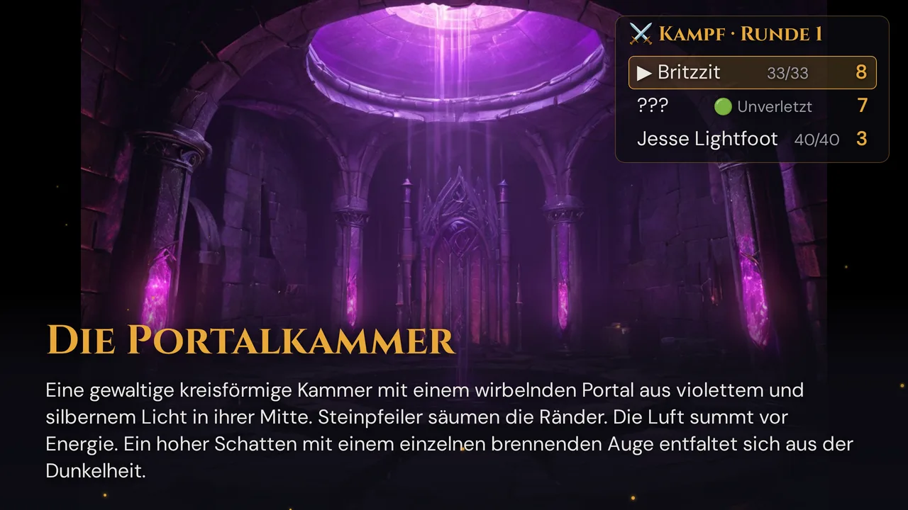 TV-Ansicht mit einer gesendeten Szene im Vollbild und der Kampfreihenfolge rechts