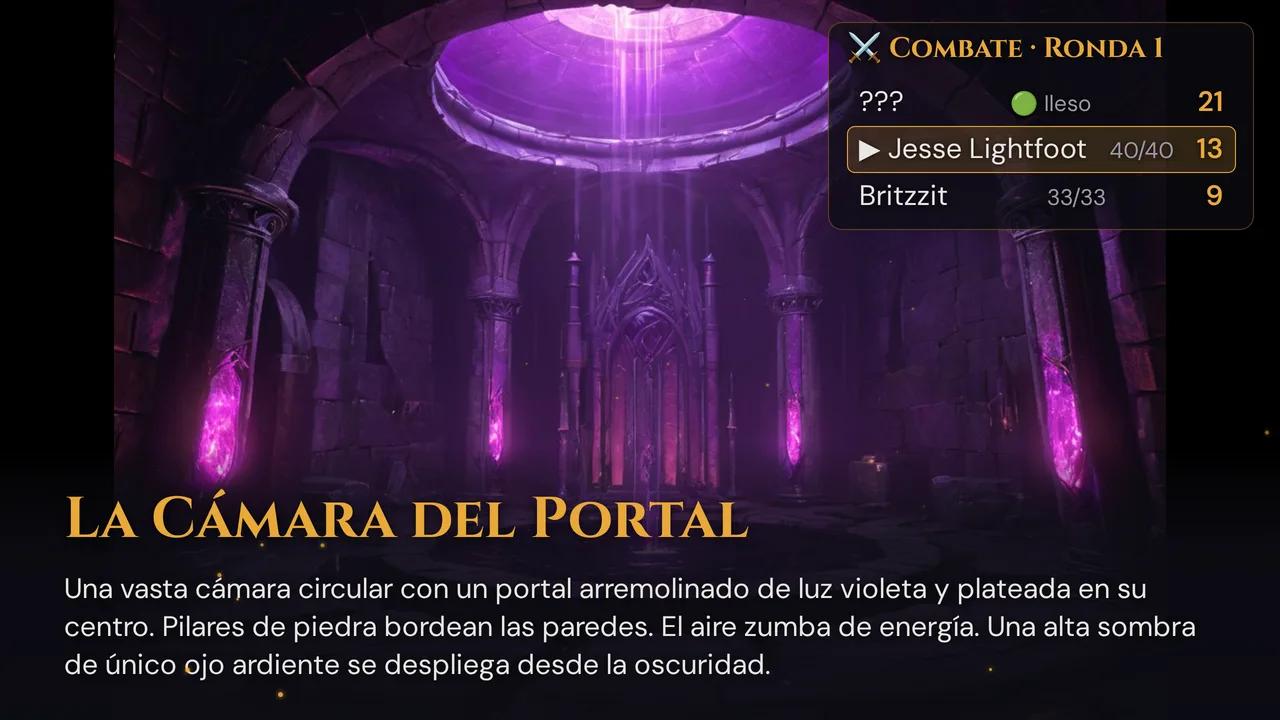 Vista de TV mostrando una escena enviada a pantalla completa con el orden de combate a la derecha