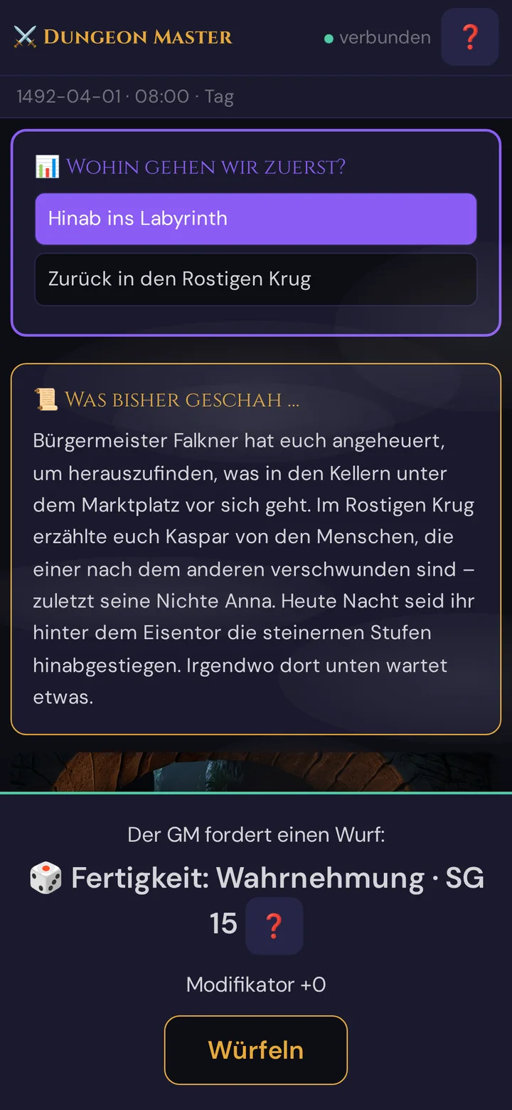Wurfanforderung auf dem Spieler-Handy: Fertigkeit: Wahrnehmung, SG 15