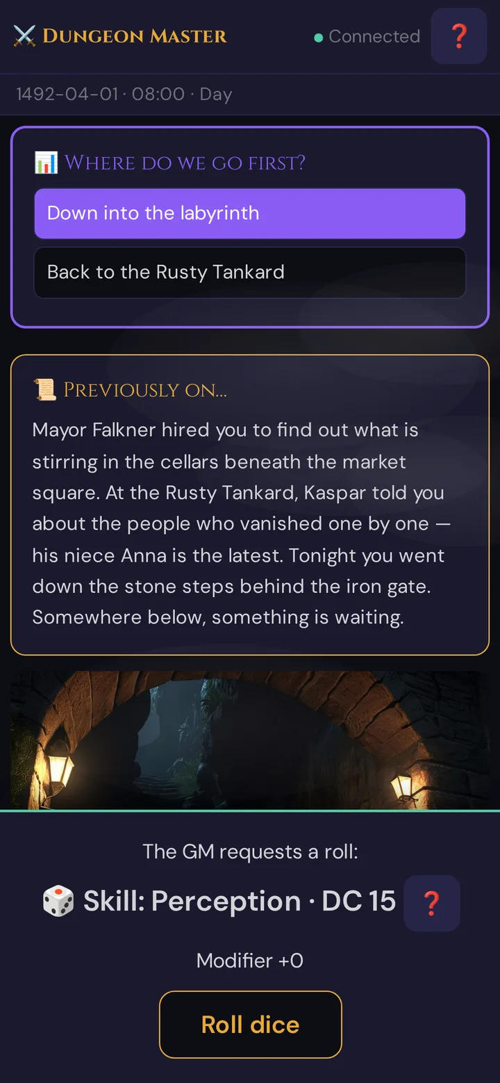 Roll request on the player's phone: Skill: Perception, DC 15