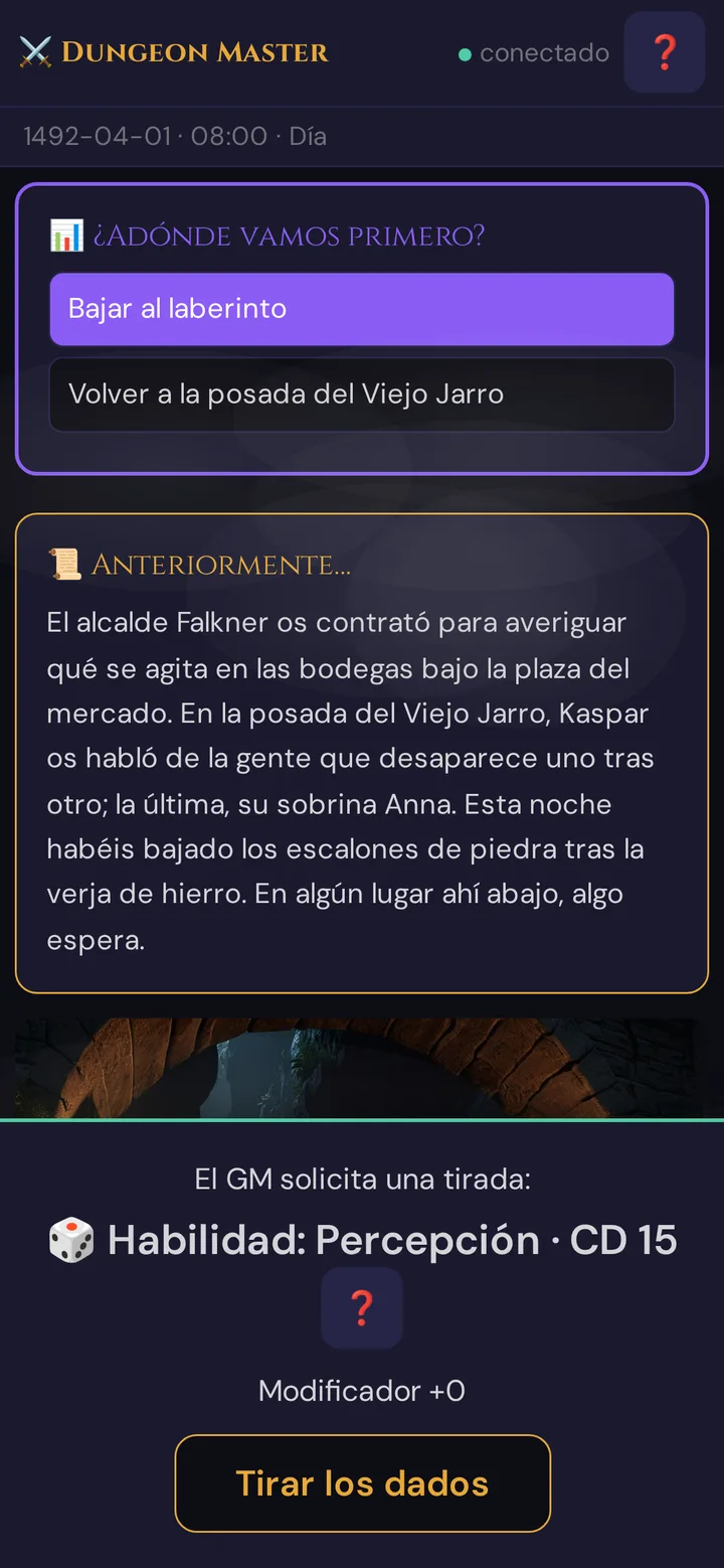 Solicitud de tirada en el teléfono del jugador: Habilidad: Percepción, CD 15