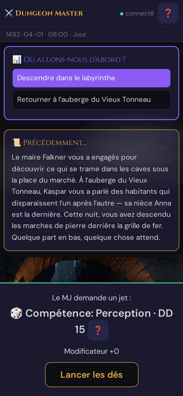 Demande de jet sur le téléphone du joueur : Compétence : Perception, DD 15