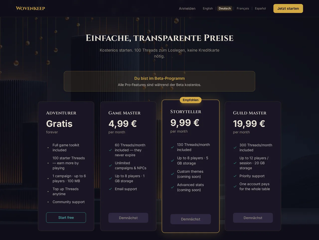 Die Preisseite auf app.wovenkeep.com in der Beta: der Beta-Hinweis und die vier Pakete, die kostenpflichtigen mit „Demnächst“
