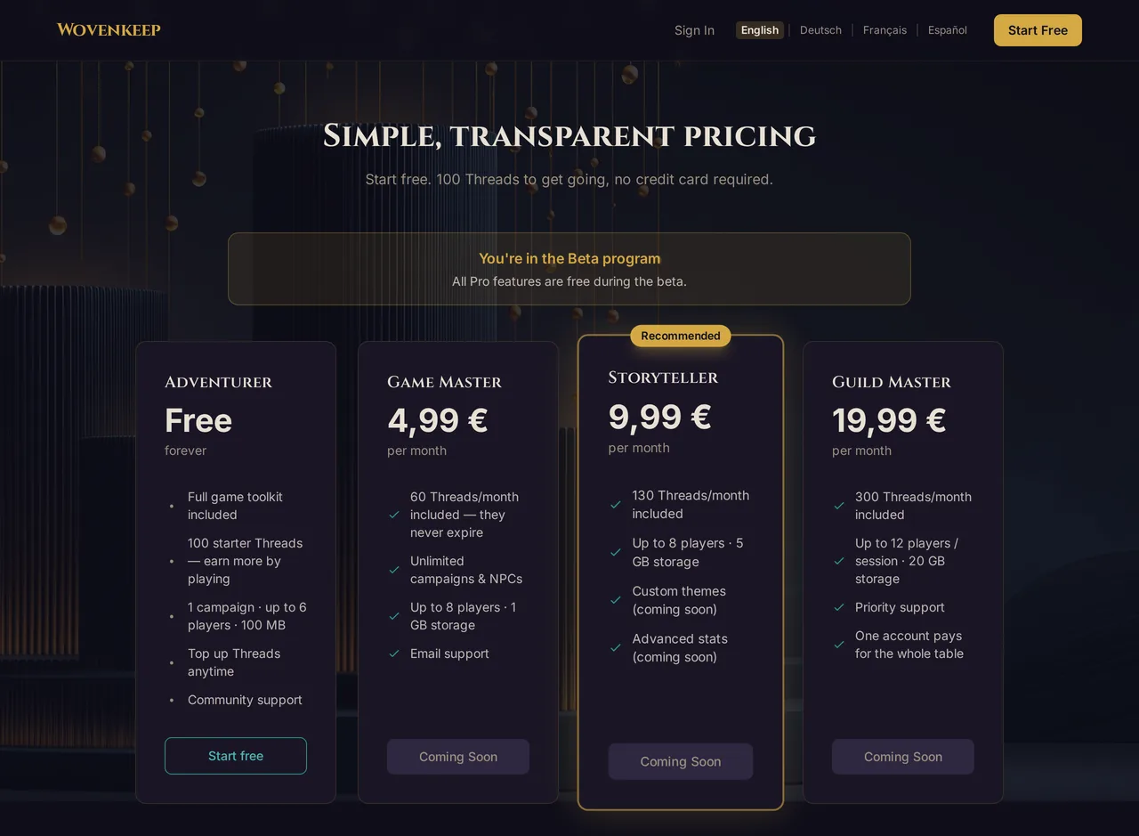 The pricing page on app.wovenkeep.com during the beta: the beta note and the four plans, the paid ones marked Coming Soon
