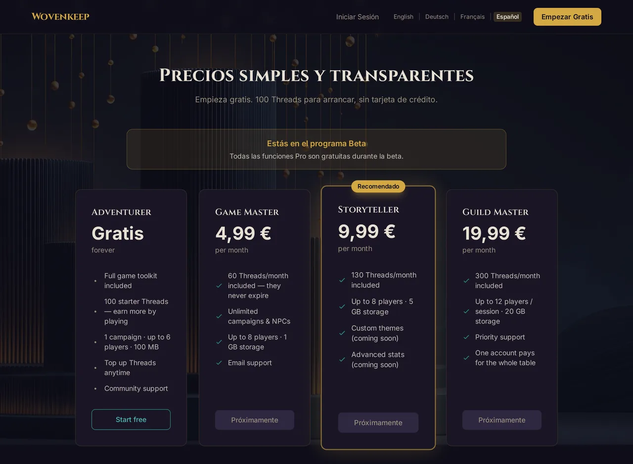 La página de precios en app.wovenkeep.com durante la beta: el aviso de beta y los cuatro planes, los de pago marcados «Próximamente»