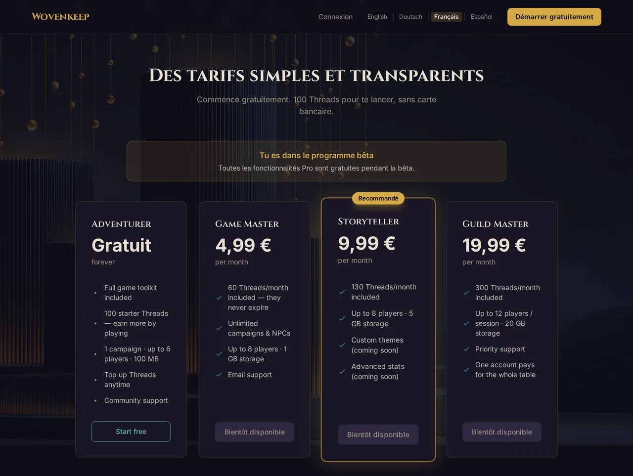 La page des tarifs sur app.wovenkeep.com pendant la bêta : la mention bêta et les quatre offres, les offres payantes marquées « Bientôt disponible »