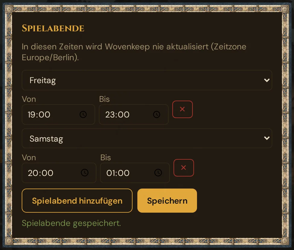 Die Karte Spielabende in den Einstellungen mit zwei eingetragenen Abenden