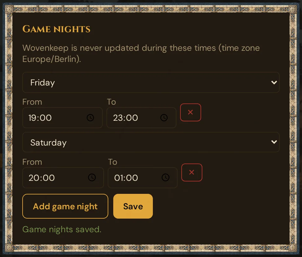 The Game nights card in Settings with two entered evenings