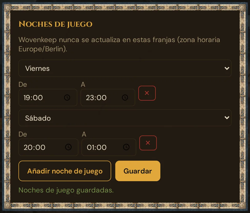 La tarjeta Noches de juego en Ajustes con dos noches anotadas