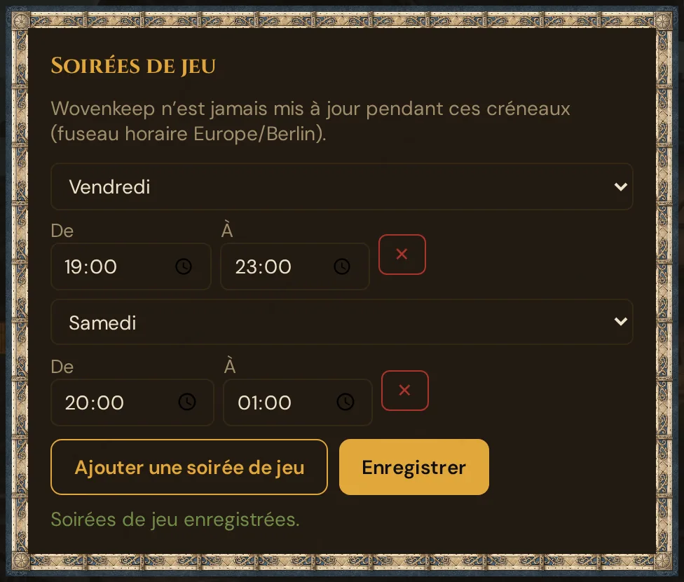 La carte Soirées de jeu dans les Paramètres avec deux soirées saisies