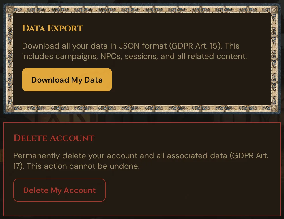 In your Realm under Settings: the cards Data Export with Download My Data and Delete Account with Delete My Account