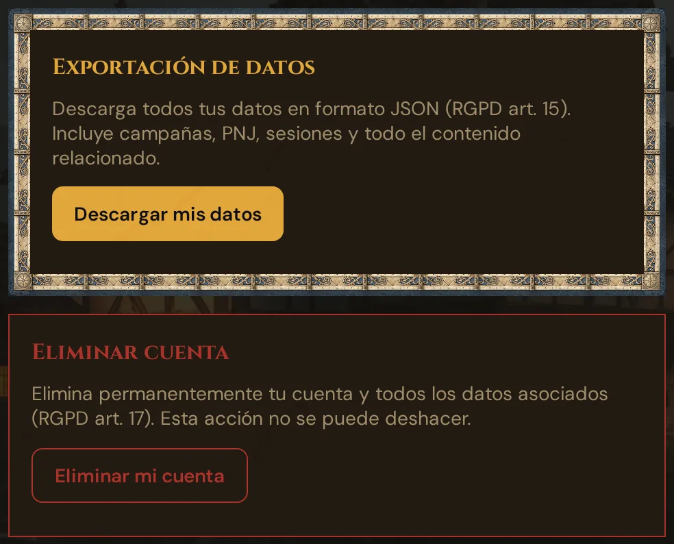 En tu Realm, en Ajustes: las tarjetas Exportación de datos con Descargar mis datos y Eliminar cuenta con Eliminar mi cuenta