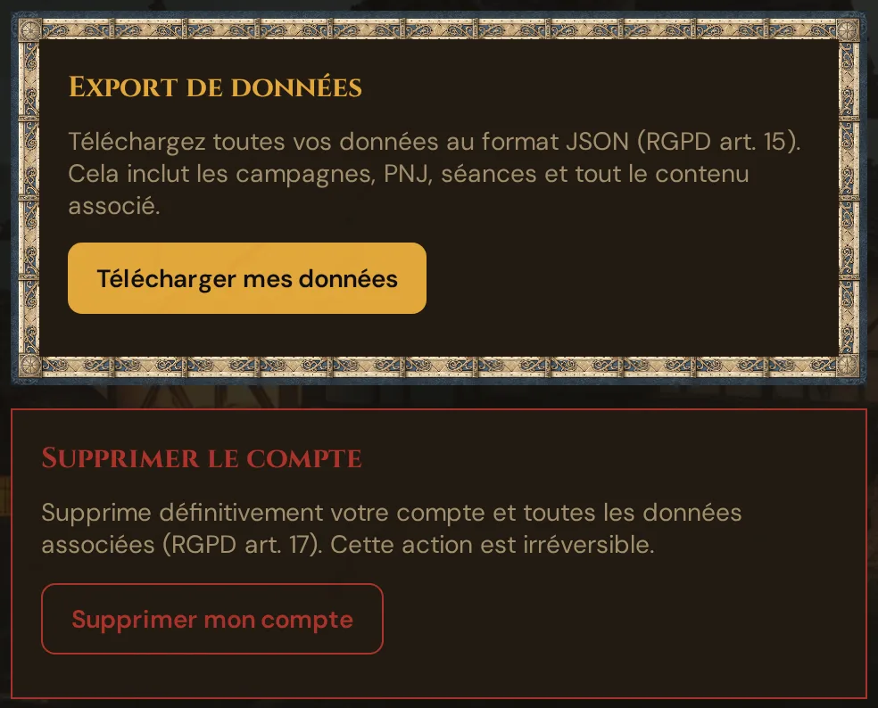 Dans ton Realm, sous Paramètres : les cartes Export de données avec Télécharger mes données et Supprimer le compte avec Supprimer mon compte