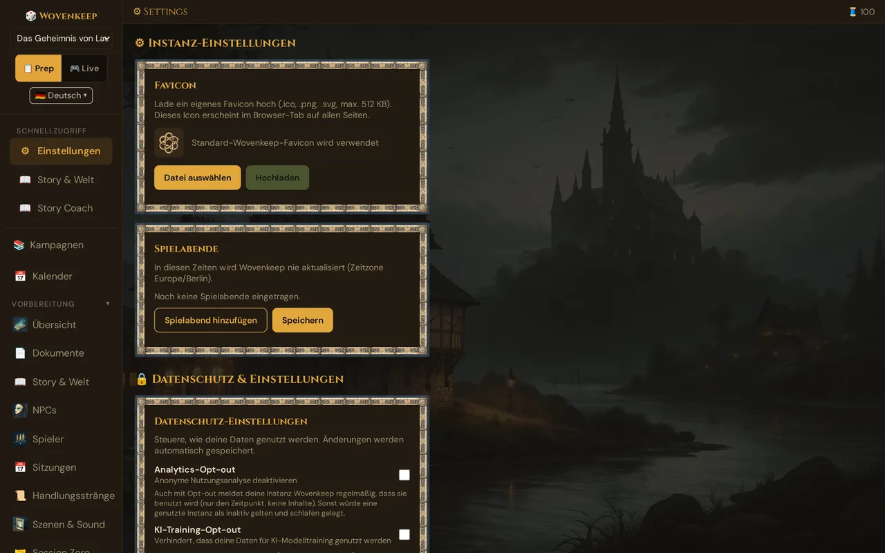 Instanz-Einstellungen: die Karten Favicon und Spielabende, darunter Datenschutz & Einstellungen