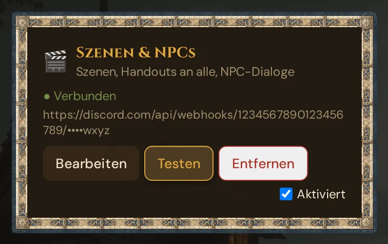 Ein eingerichteter Discord-Slot: Verbunden, gekürzte Webhook-Adresse, Bearbeiten, Testen, Entfernen und Aktiviert