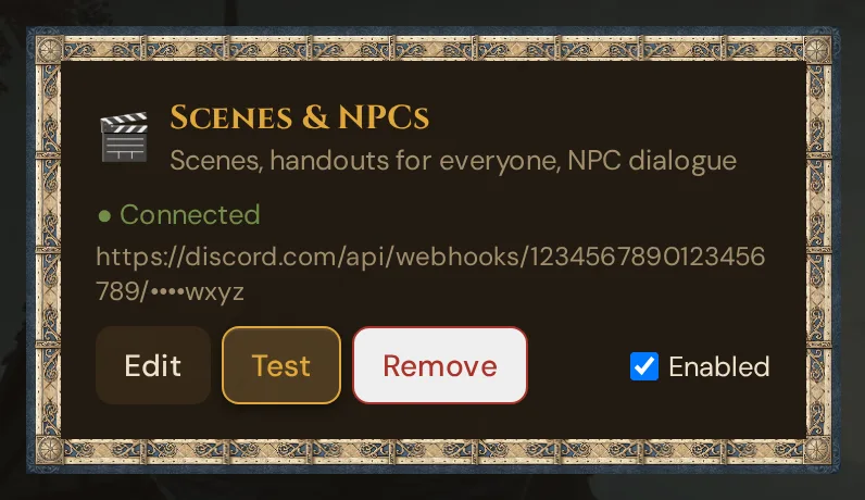 A configured Discord slot: Connected, shortened webhook address, Edit, Test, Remove and Enabled
