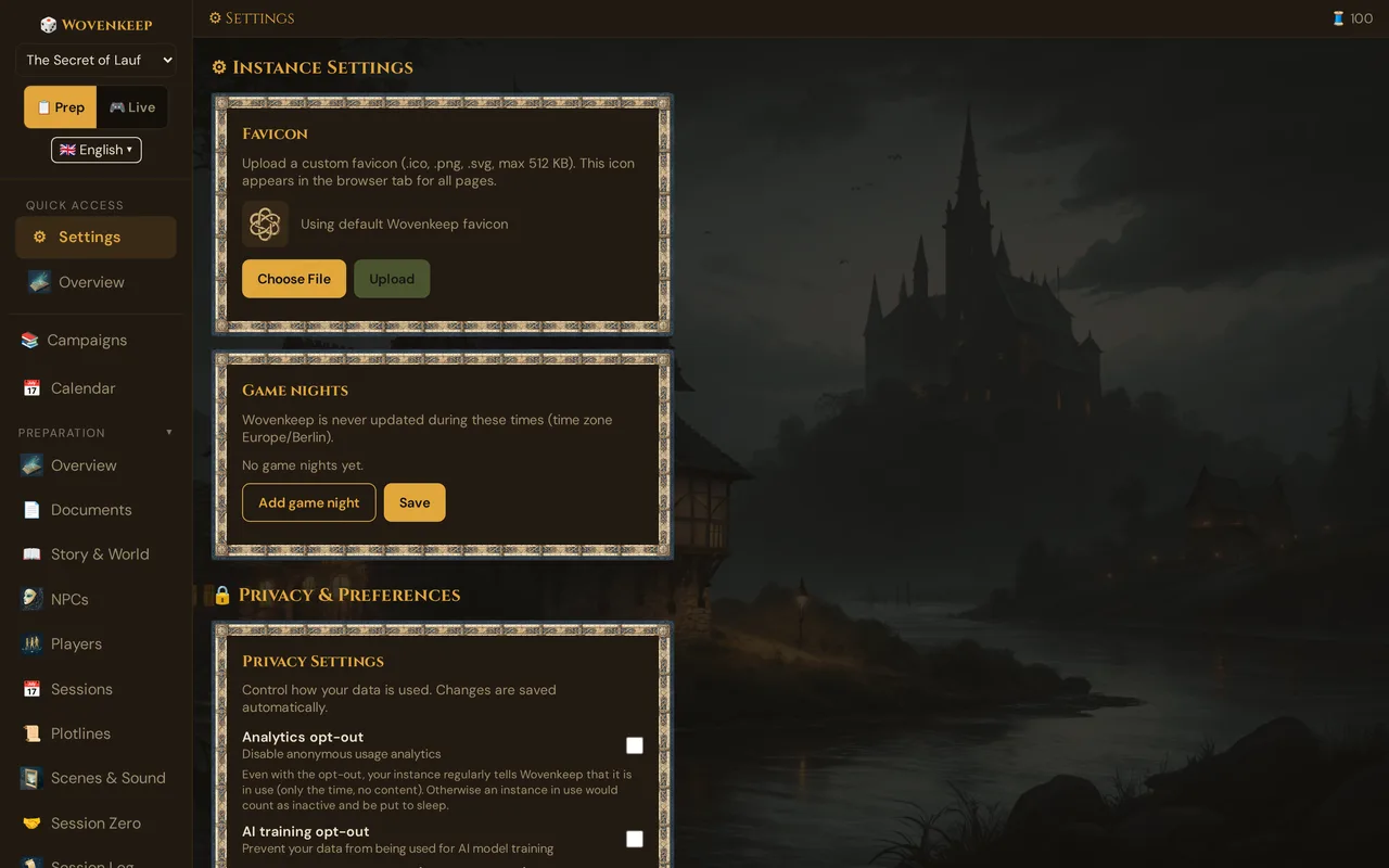 Instance Settings: the cards Favicon and Game nights, below them Privacy & Preferences