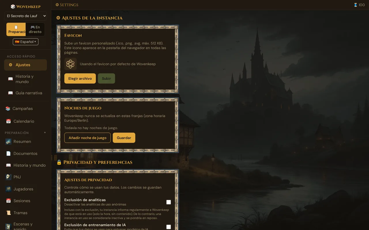 Ajustes de la instancia: las tarjetas Favicon y Noches de juego, debajo Privacidad y preferencias