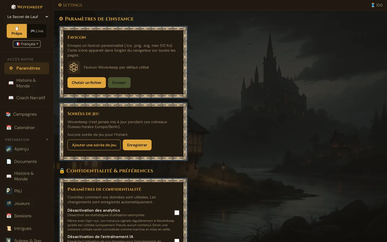 Paramètres de l'instance : les cartes Favicon et Soirées de jeu, en dessous Confidentialité & préférences