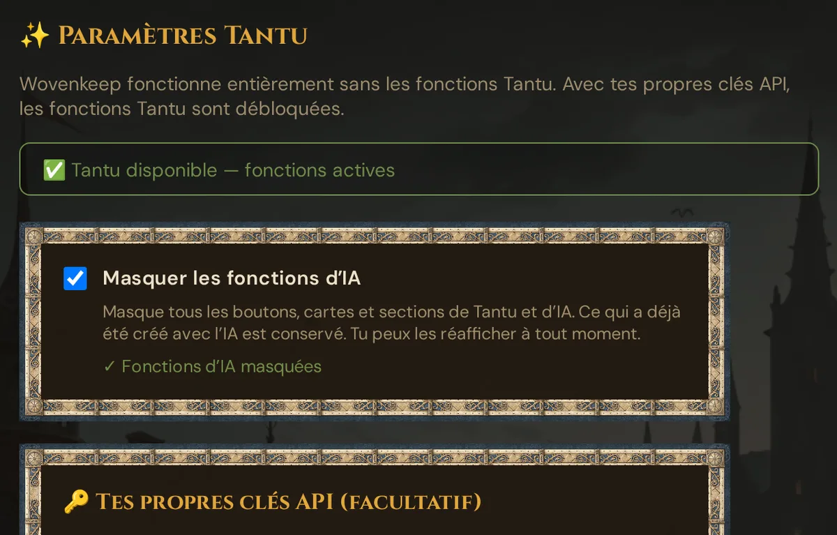 La page Paramètres Tantu : la ligne d'état, la carte Masquer les fonctions d’IA cochée, avec son explication et ✓ Fonctions d’IA masquées, et le début de la carte Tes propres clés API (facultatif)