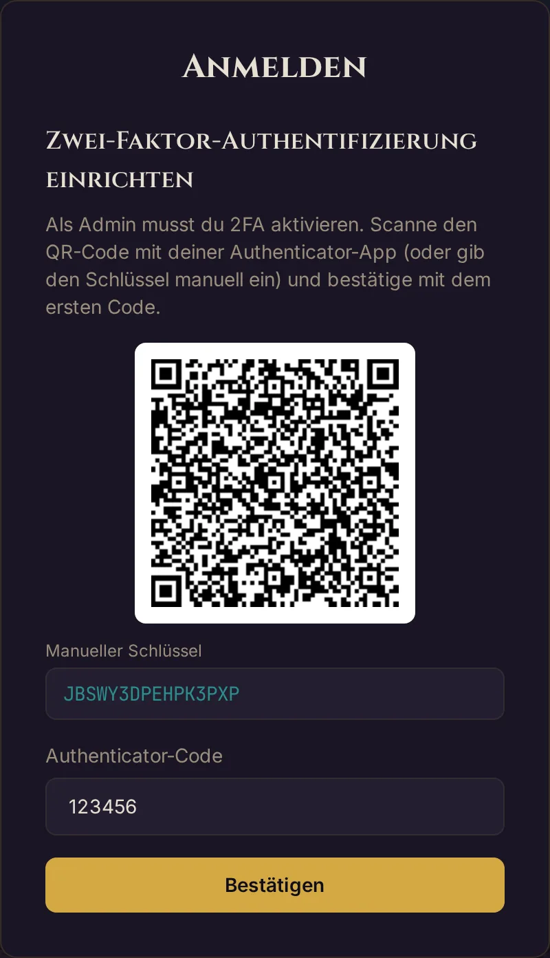 Der Bildschirm Zwei-Faktor-Authentifizierung einrichten mit QR-Code, manuellem Schlüssel, Codefeld und Bestätigen (Beispielschlüssel)