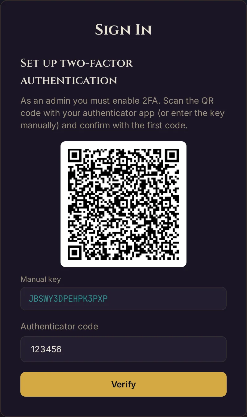 The Set up two-factor authentication screen with QR code, manual key, code field and Verify (example key)
