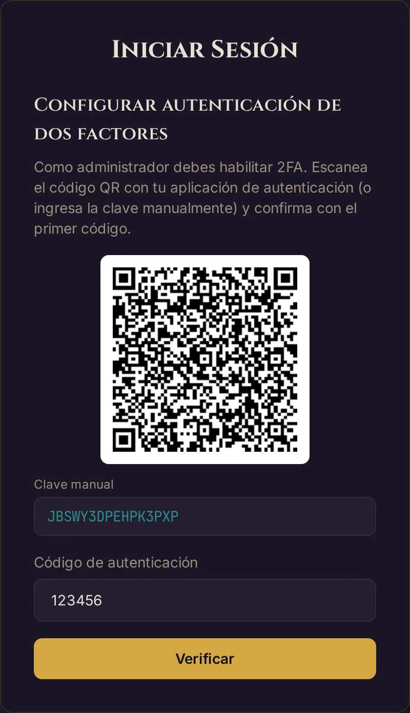 La pantalla Configurar autenticación de dos factores con código QR, clave manual, campo de código y Verificar (clave de ejemplo)