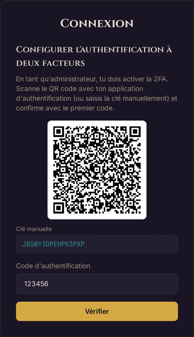 L'écran Configurer l'authentification à deux facteurs avec QR code, clé manuelle, champ de code et Vérifier (clé d'exemple)