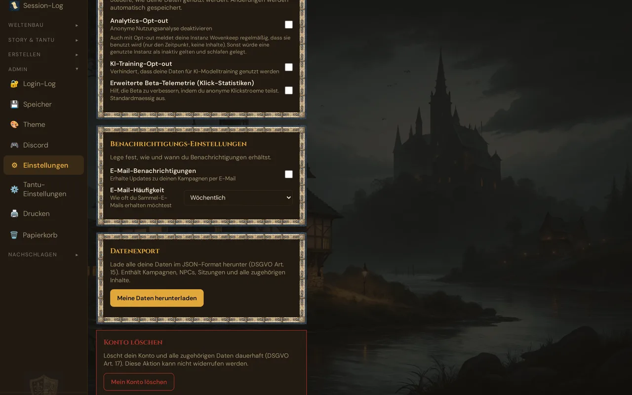 Der Bereich Einstellungen mit geöffneter Gruppe Admin in der Seitenleiste: Login-Log, Speicher, Theme, Discord, Einstellungen, Tantu-Einstellungen und Drucken