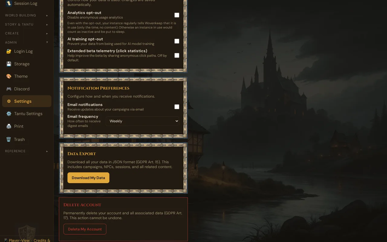 The Settings section with the Admin group open in the sidebar: Login Log, Storage, Theme, Discord, Settings, Tantu Settings and Print