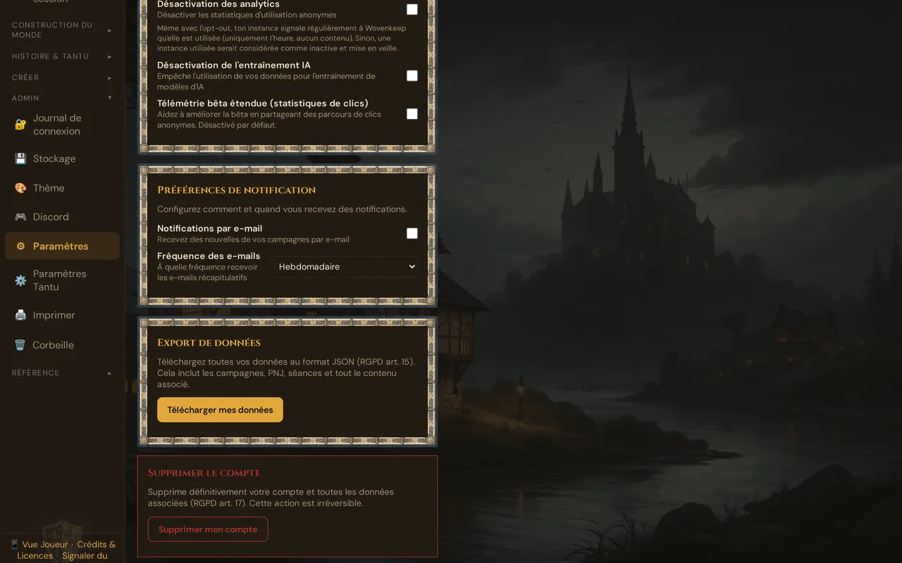 La section Paramètres avec le groupe Admin ouvert dans la barre latérale : Journal de connexion, Stockage, Thème, Discord, Paramètres, Paramètres Tantu et Imprimer
