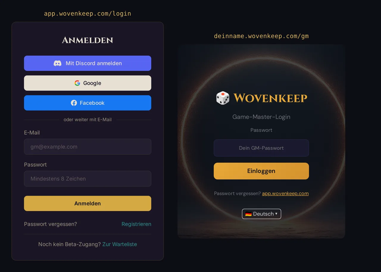 Die zwei Anmeldungen nebeneinander: links die Konto-Anmeldung auf app.wovenkeep.com/login, rechts die Realm-Anmeldung mit dem GM-Passwort auf deinname.wovenkeep.com/gm