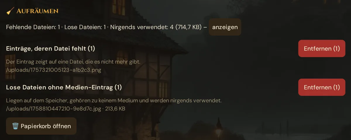Aufräumen: Fehlende Dateien 1, Lose Dateien 1, Nirgends verwendet 4 mit anzeigen, die Gruppen Einträge, deren Datei fehlt, und Lose Dateien ohne Medien-Eintrag, jeweils mit Entfernen (1), und Papierkorb öffnen