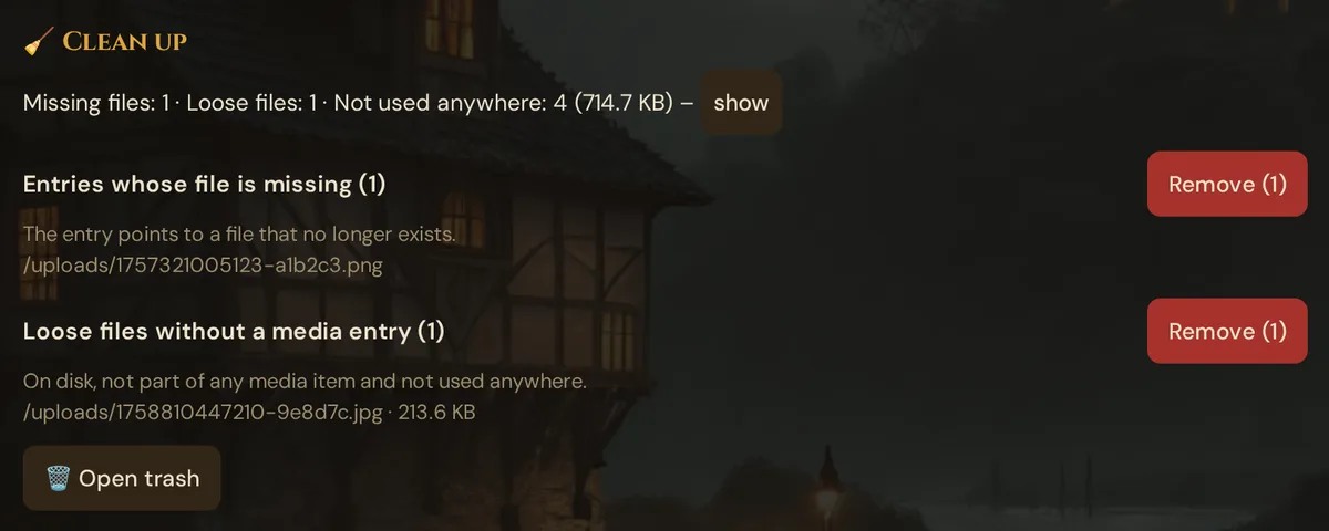 Clean up: Missing files 1, Loose files 1, Not used anywhere 4 with show, the groups Entries whose file is missing and Loose files without a media entry, each with Remove (1), and Open trash