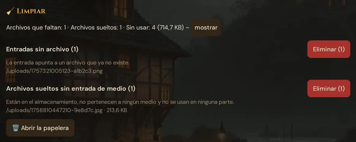 Limpiar: Archivos que faltan 1, Archivos sueltos 1, Sin usar 4 con mostrar, los grupos Entradas sin archivo y Archivos sueltos sin entrada de medio, cada uno con Eliminar (1), y Abrir la papelera