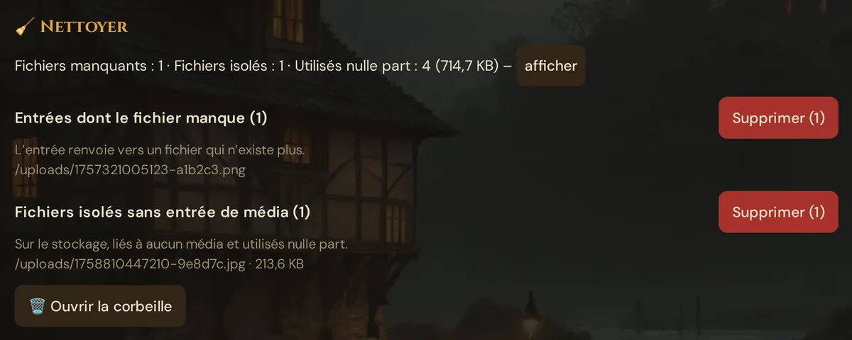 Nettoyer : Fichiers manquants 1, Fichiers isolés 1, Utilisés nulle part 4 avec afficher, les groupes Entrées dont le fichier manque et Fichiers isolés sans entrée de média, chacun avec Supprimer (1), et Ouvrir la corbeille