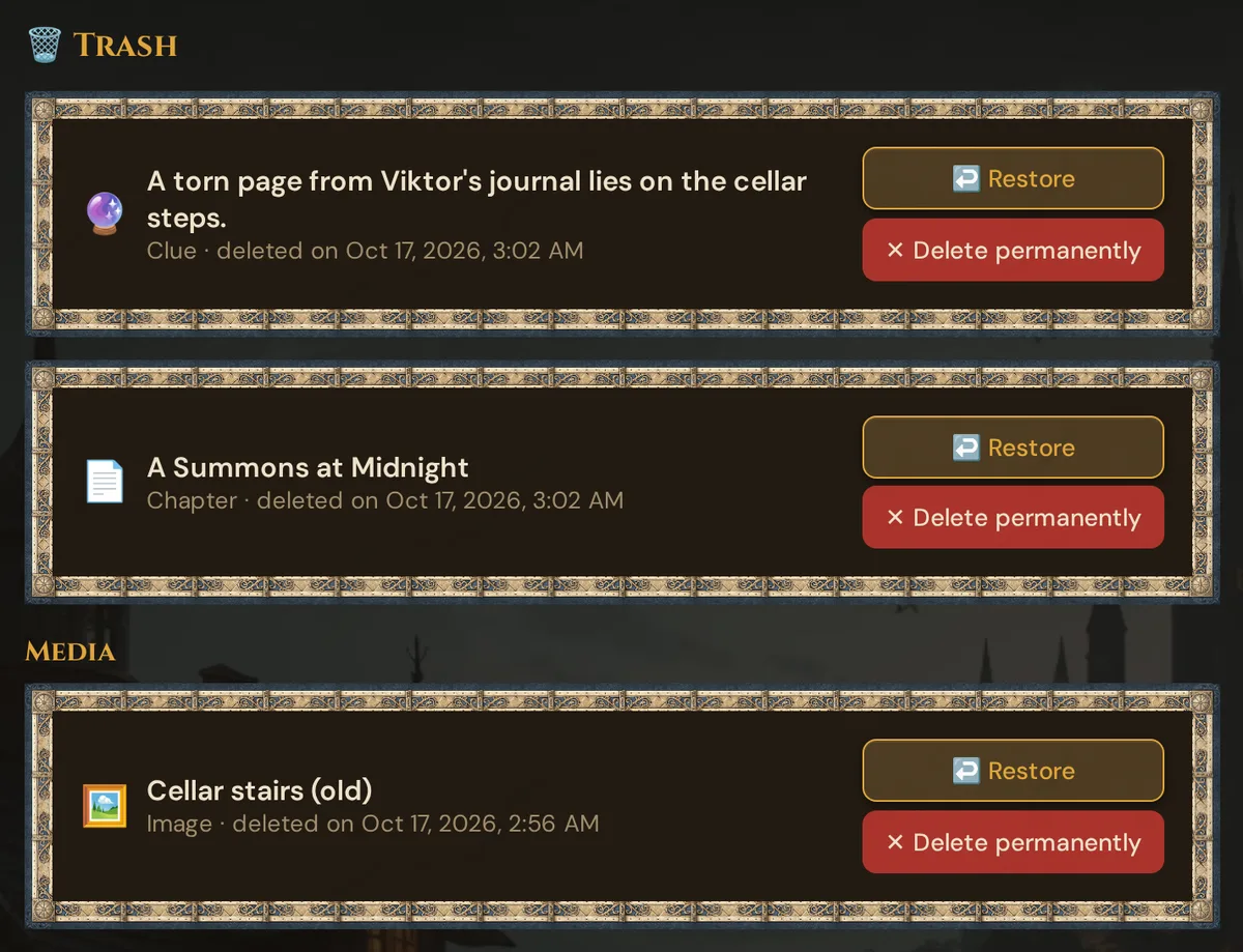 The Trash: deleted campaign items such as a chapter and a clue with Restore and Delete permanently, and below them the group Media with a deleted picture