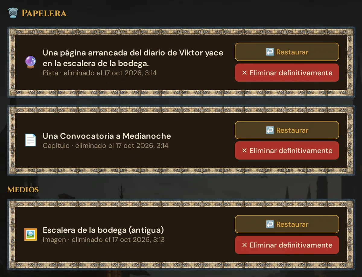 La Papelera: elementos de campaña eliminados, como un capítulo y una pista, con Restaurar y Eliminar definitivamente, y debajo el grupo Medios con una imagen eliminada